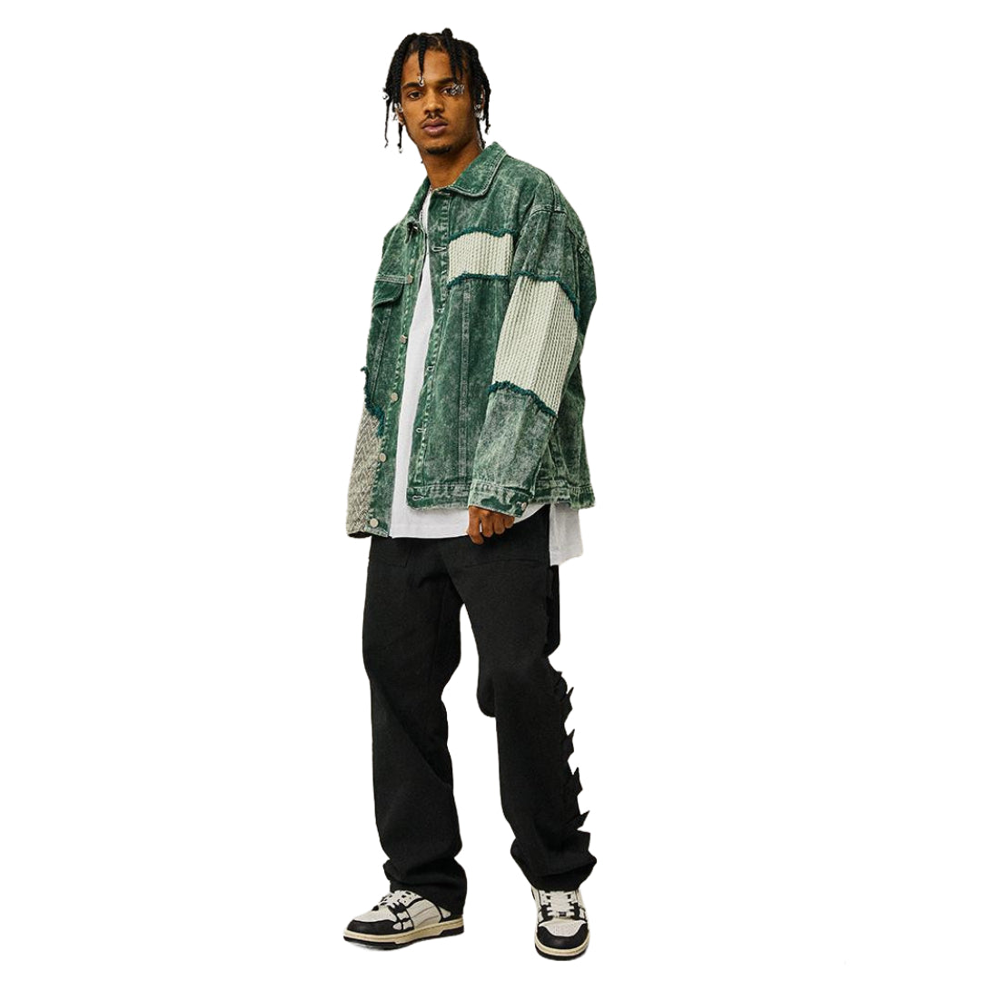 Veste en Jean Verte Patchwork Homme