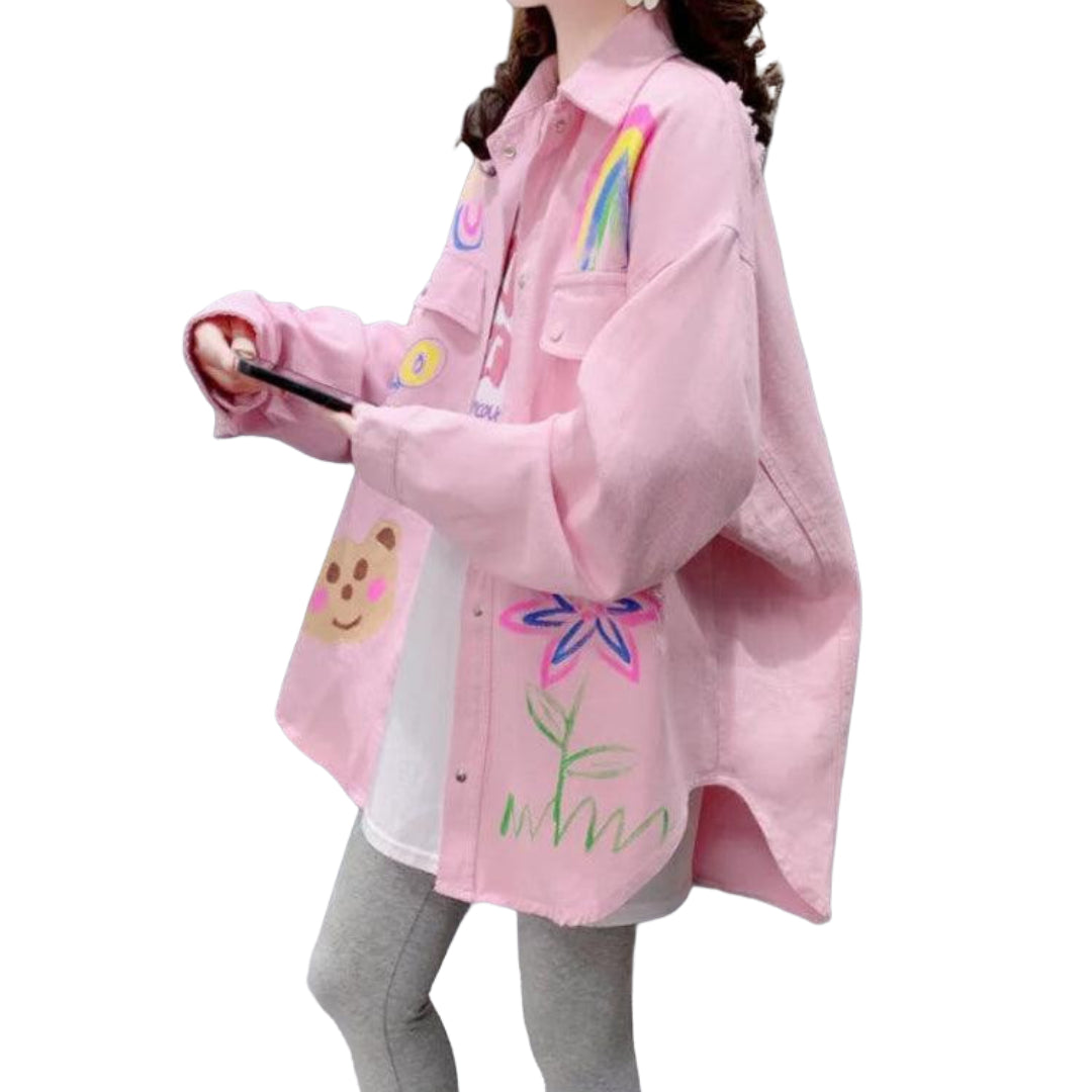 Veste en Jean Ample Rose avec Dessins Femme