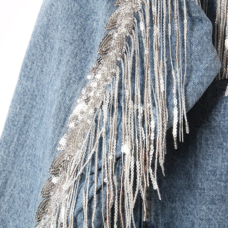 Veste en Jean à Franges et Paillettes Femme