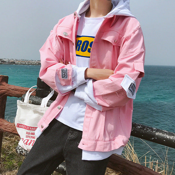 Veste en Jean Rose à Capuche Homme
