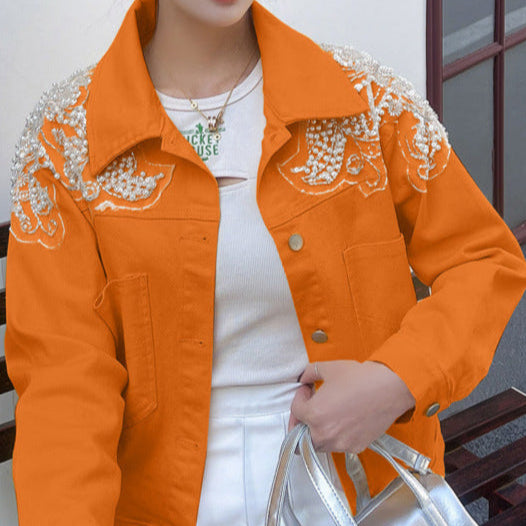 Veste en Jean Orange à Perles Femme