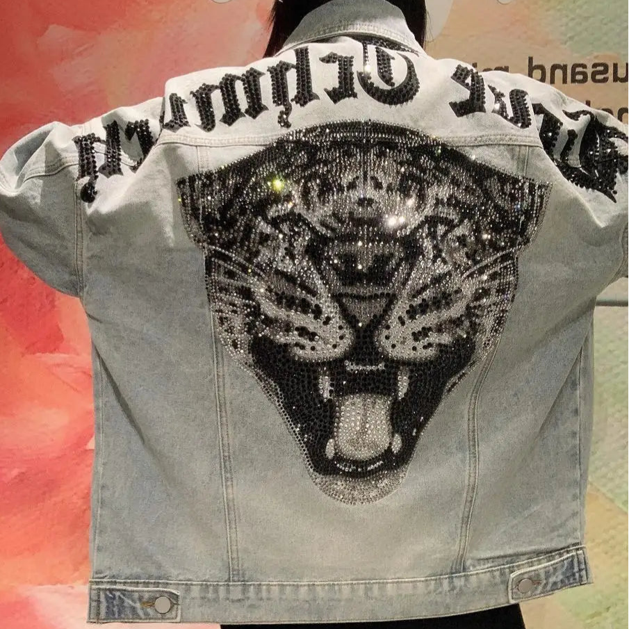 Veste en Jean Imprimé Dos Léopard à Strass Femme