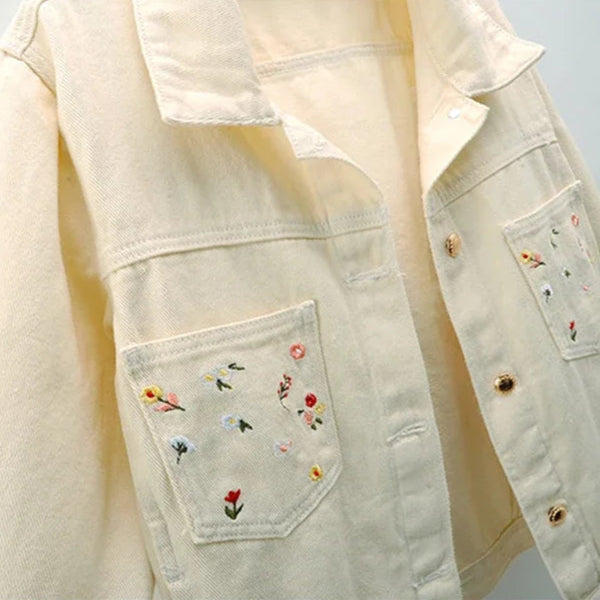 Veste en Jean Beige Fleurie Femme Minimaliste