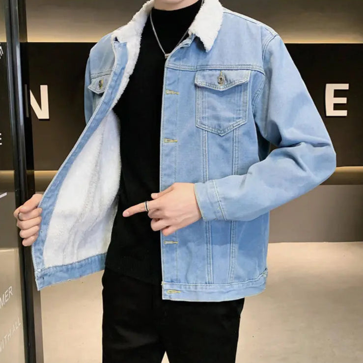 Veste en Jean Bleu Clair Avec Fourrure Blanche Homme