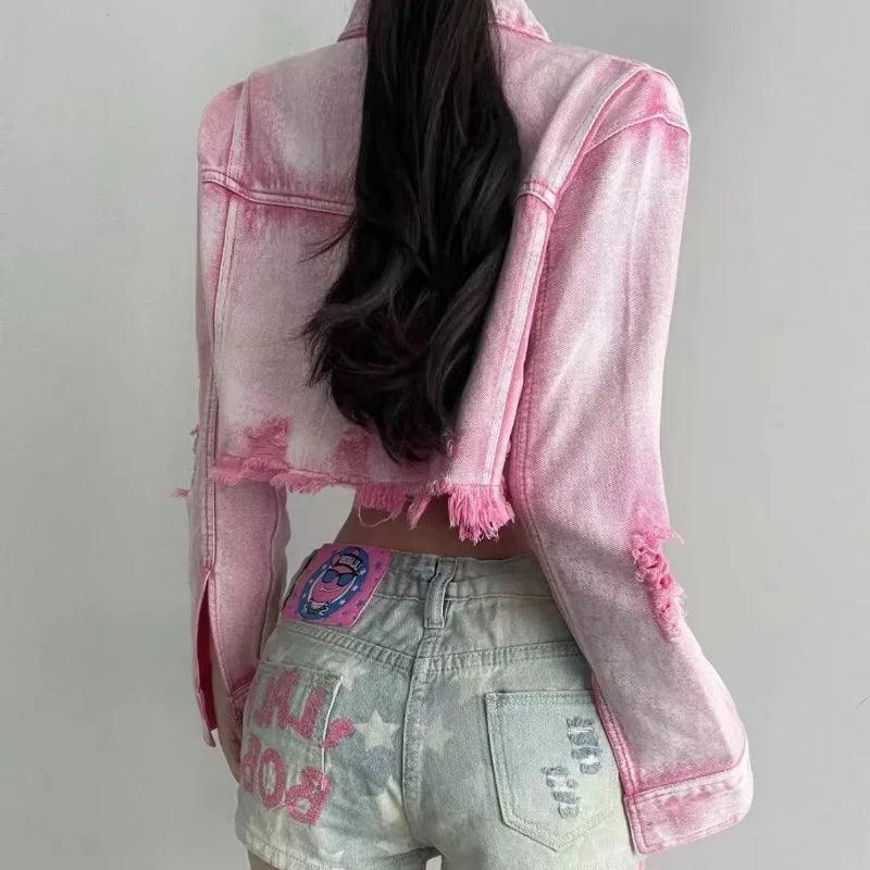 Veste en Jean Crop Top Rose Effet Usé Femme