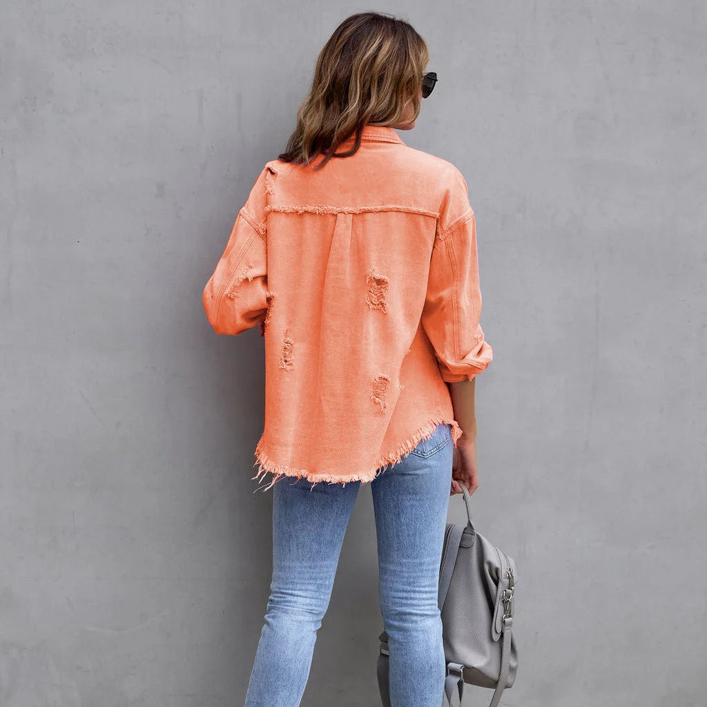 Veste en Jean Orange Trouée Femme