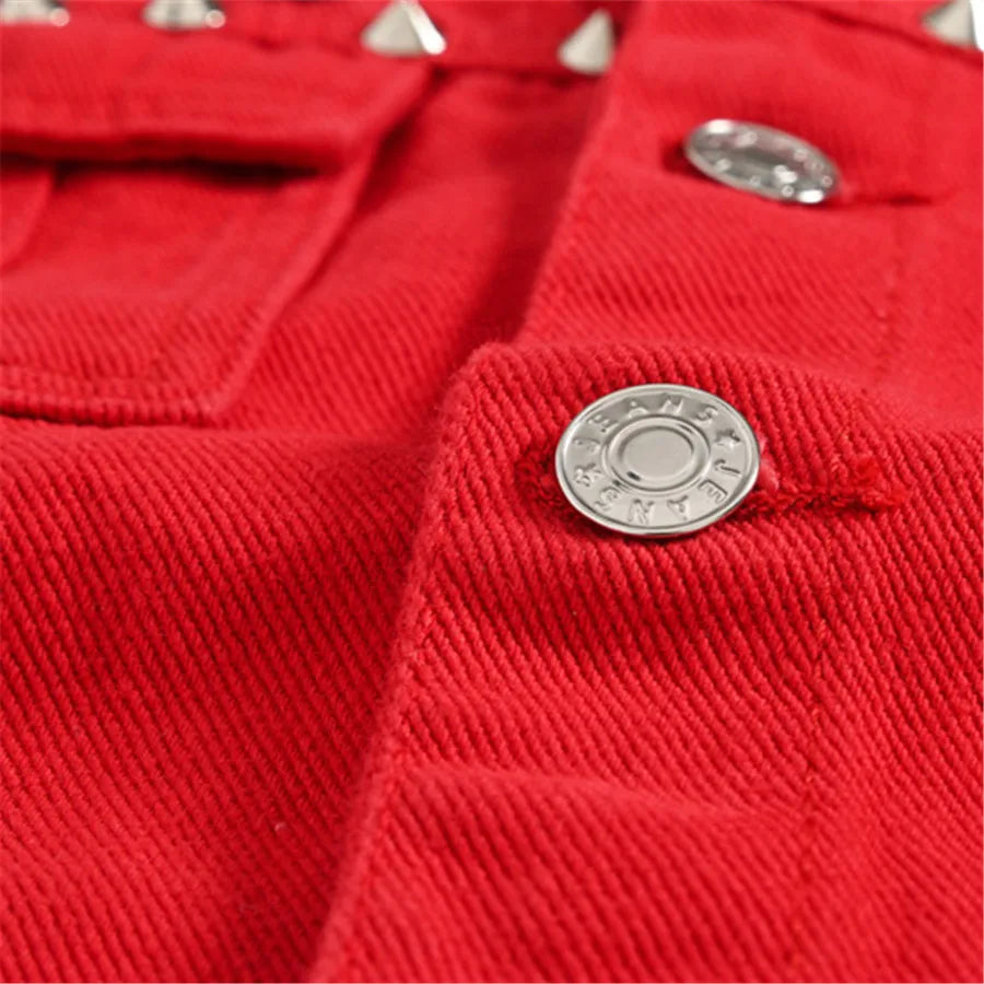 Vest en Jean Sans Manches Rouge Cloutée Homme