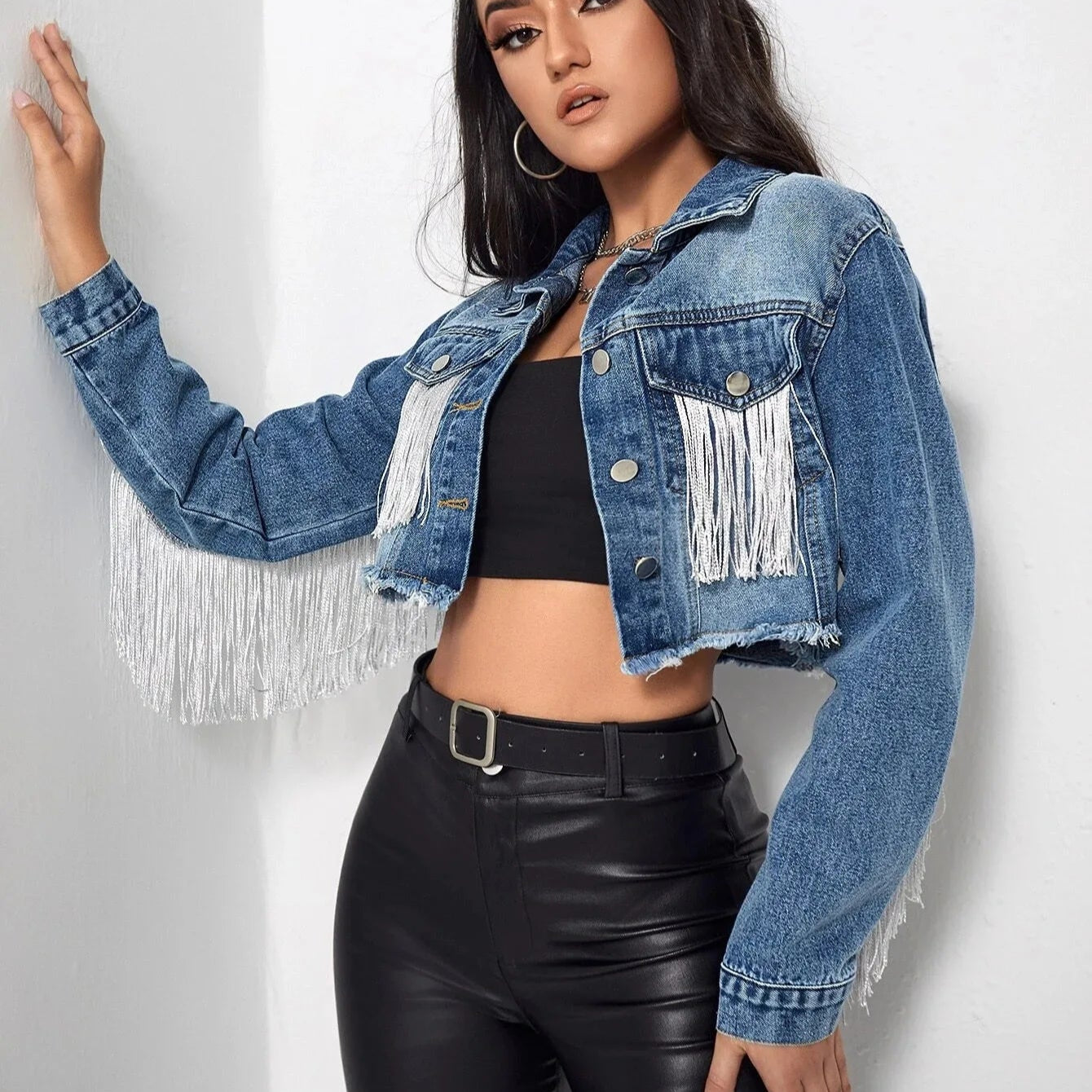 Veste en Jean Crop Top à Franges Femme