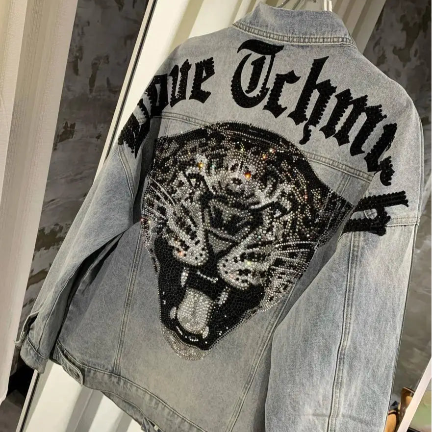 Veste en Jean Imprimé Dos Léopard à Strass Femme