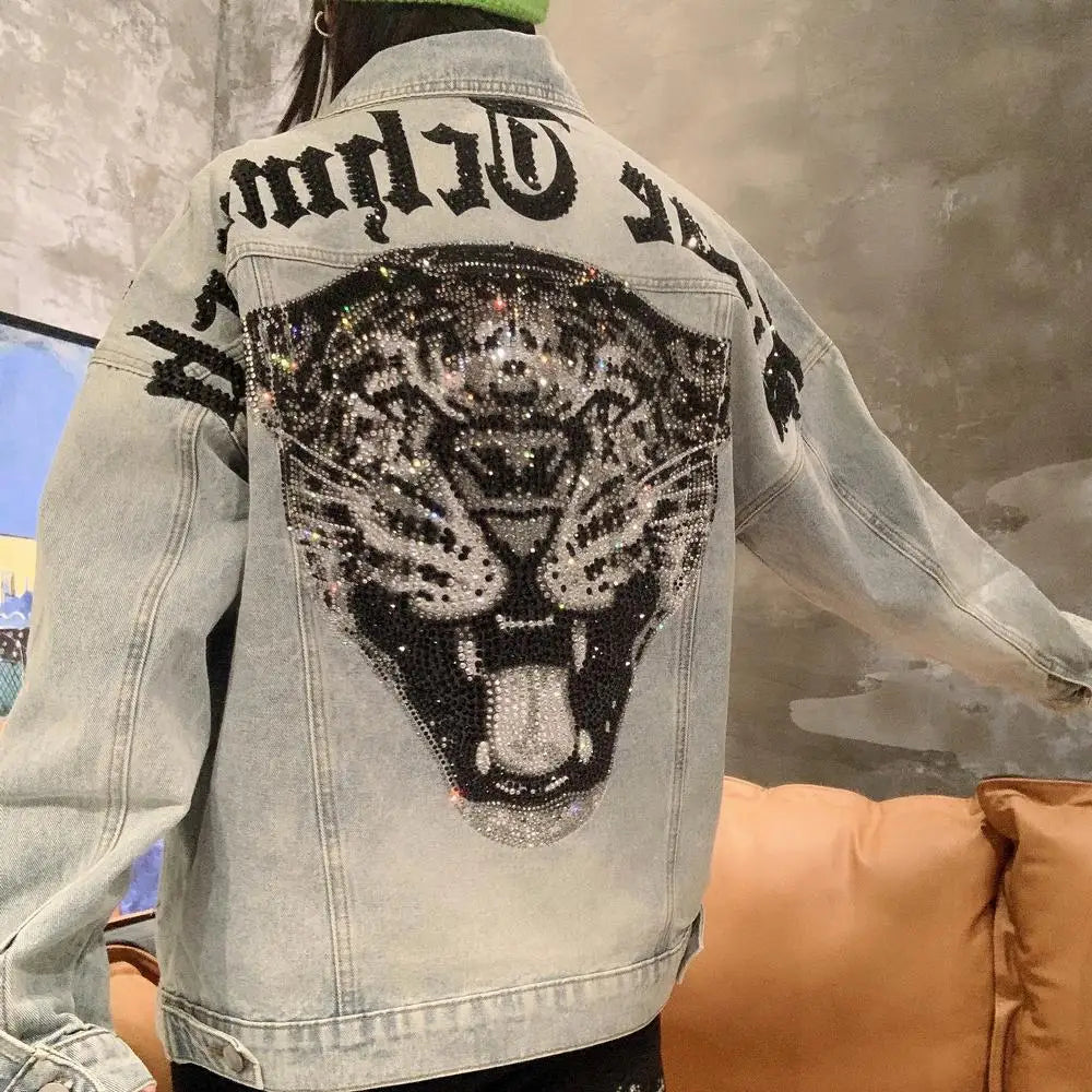 Veste en Jean Imprimé Dos Léopard à Strass Femme