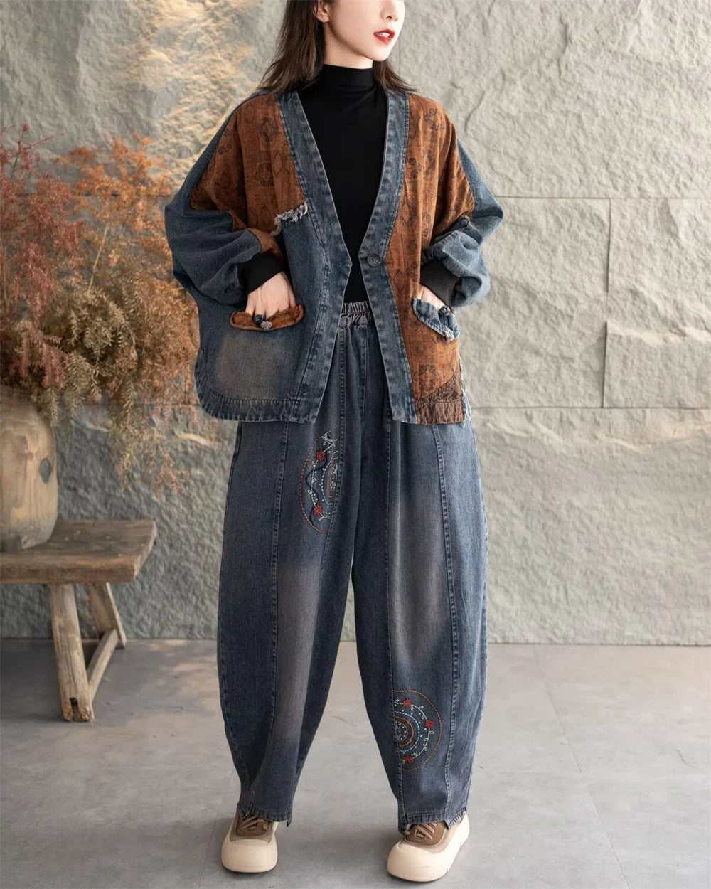 Veste en Jean Vintage à Motifs Oranges Femme