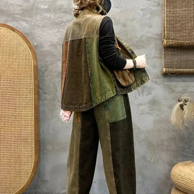 Veste en Jean Patchwork Kaki Femme