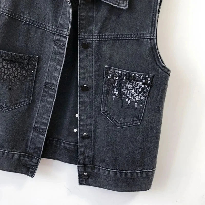 Veste en Jean Sans Manches à Paillettes Femme
