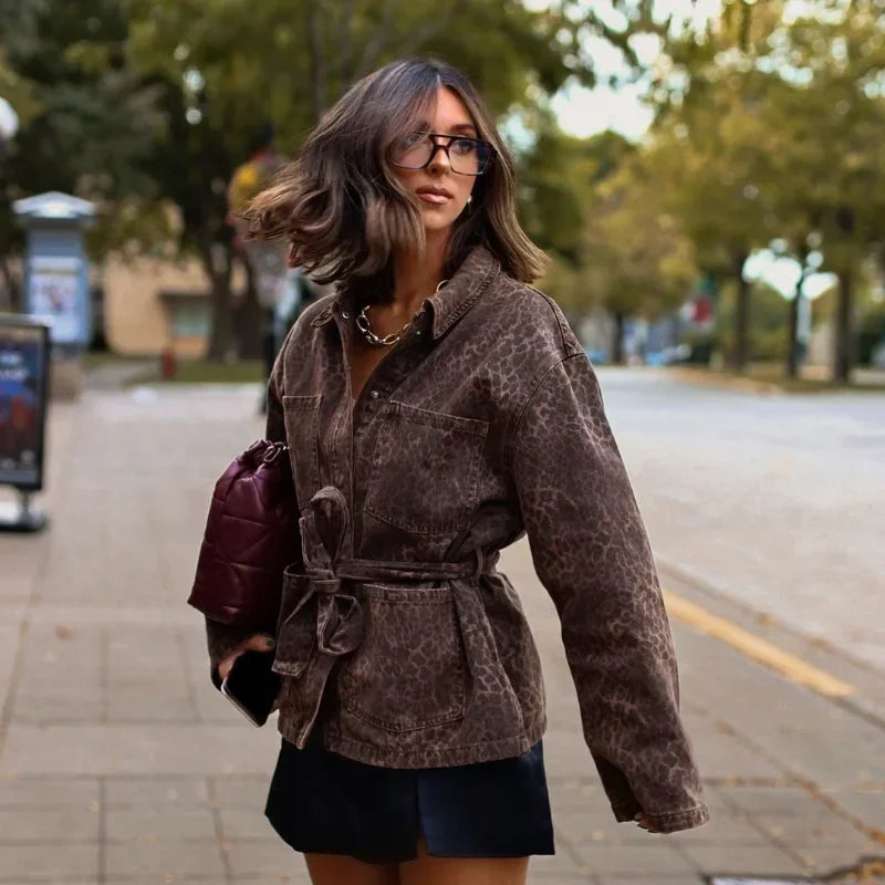 Veste en Jean Léopard à Ceinture Femme