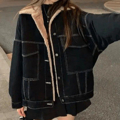 Veste en Jean Noir Col Mouton Femme