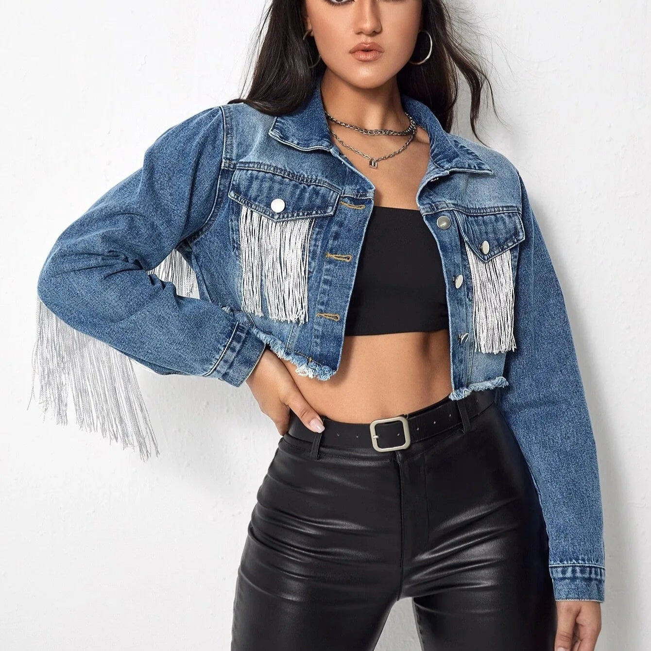 Veste en Jean Crop Top à Franges Femme