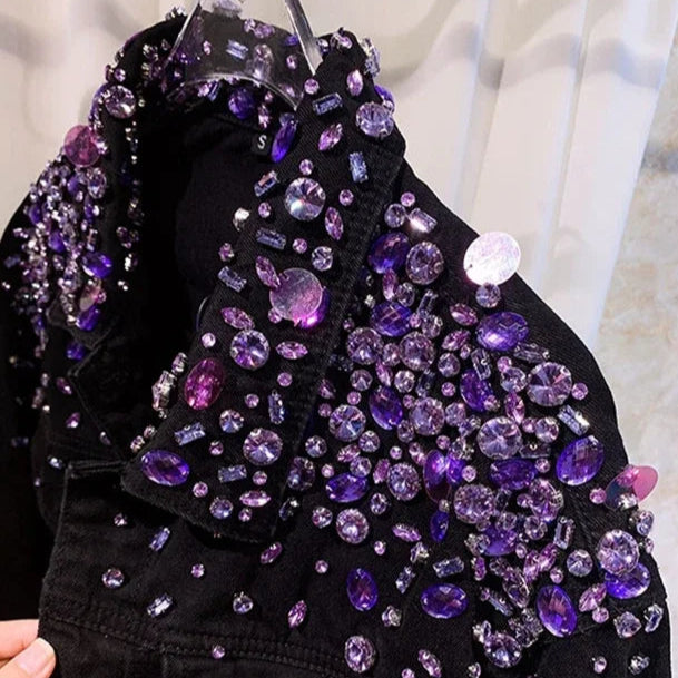 Veste en Jean Noir Femme avec Strass Violets