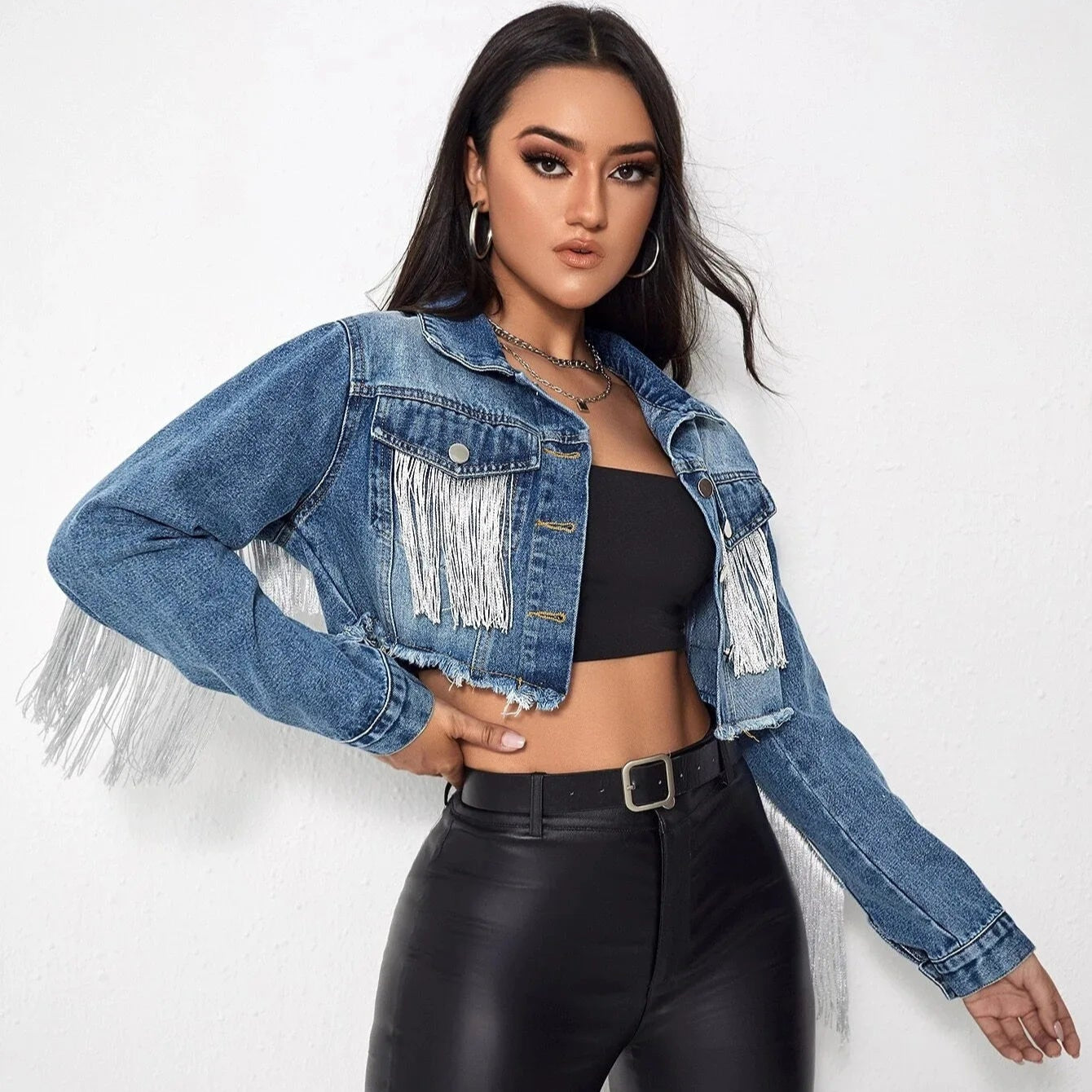 Veste en Jean Crop Top à Franges Femme
