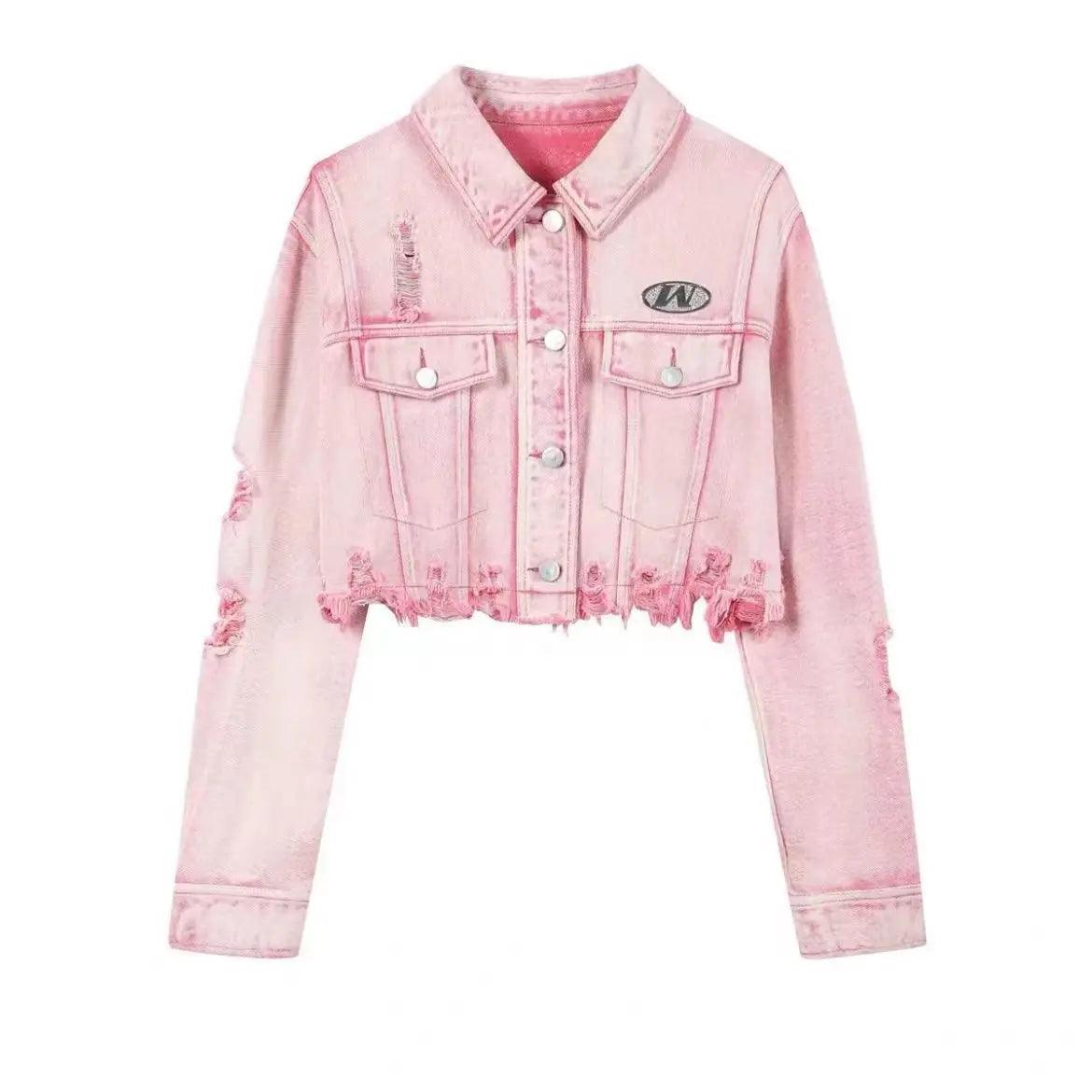 Veste en Jean Crop Top Rose Effet Usé Femme