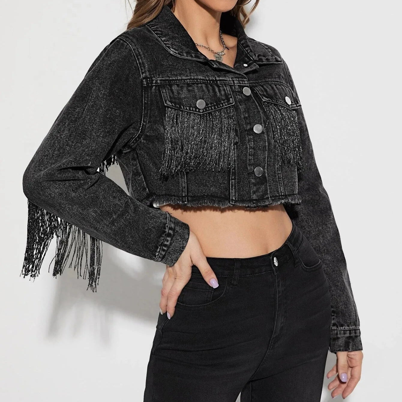 Veste en Jean Crop Top à Franges Femme