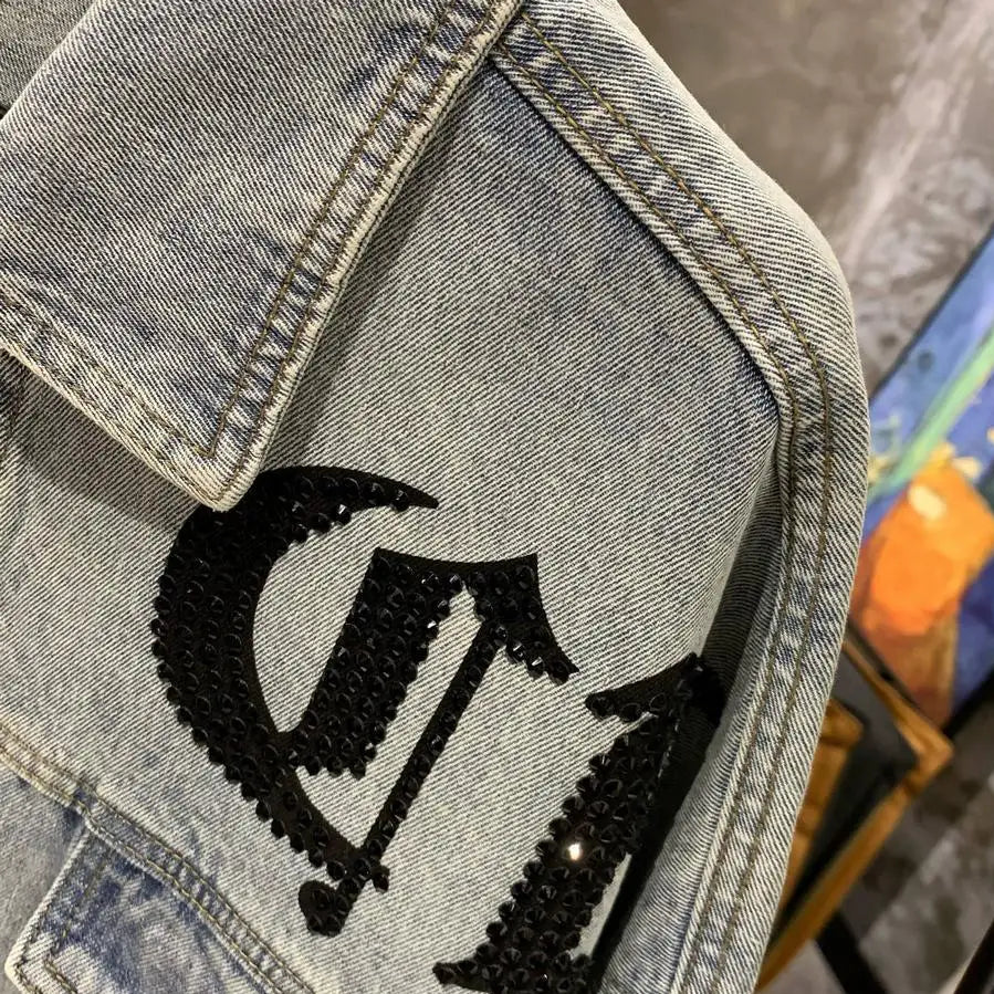 Veste en Jean Imprimé Dos Léopard à Strass Femme