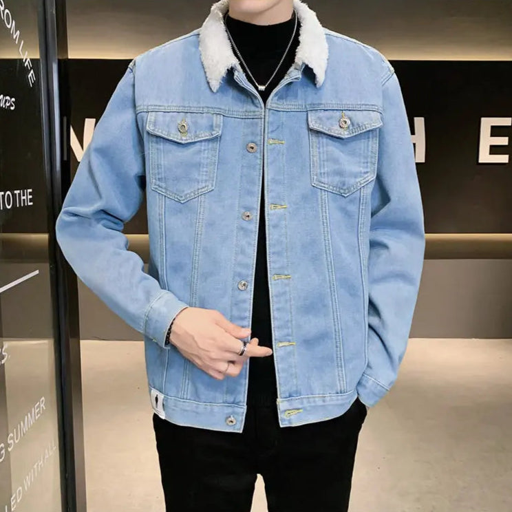 Veste en Jean Bleu Clair Avec Fourrure Blanche Homme