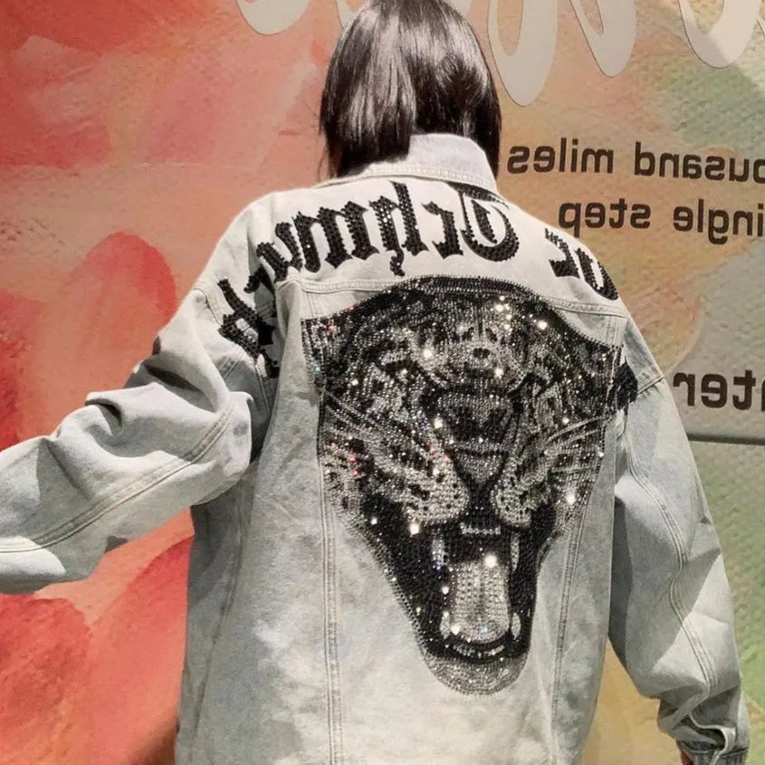 Veste en Jean Imprimé Dos Léopard à Strass Femme