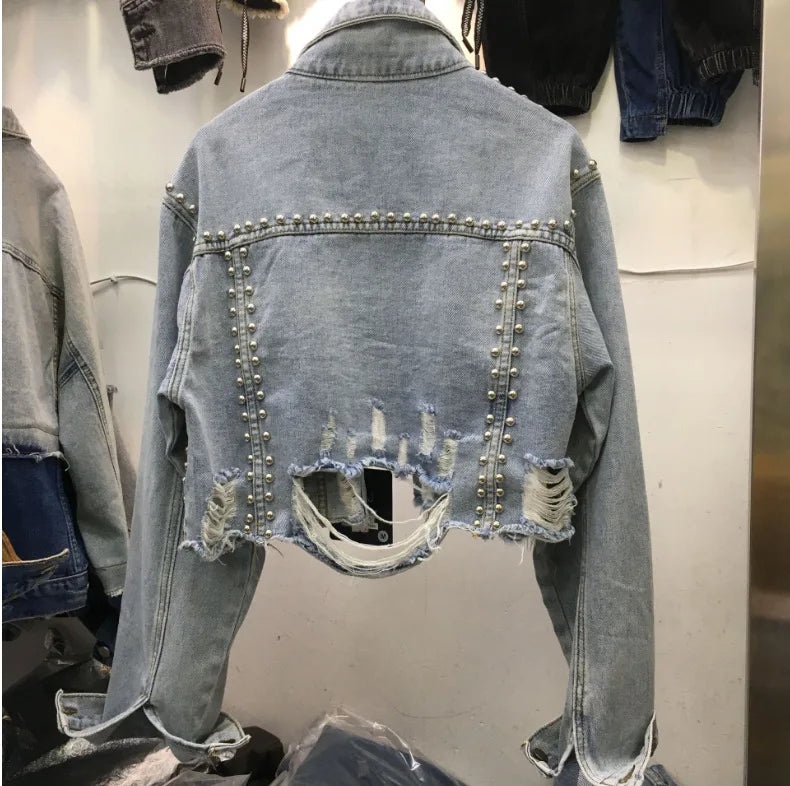 Veste en Jean Courte Destroy et Cloutée Femme