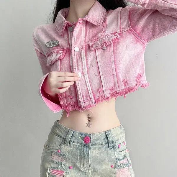 Veste en Jean Crop Top Rose Effet Usé Femme