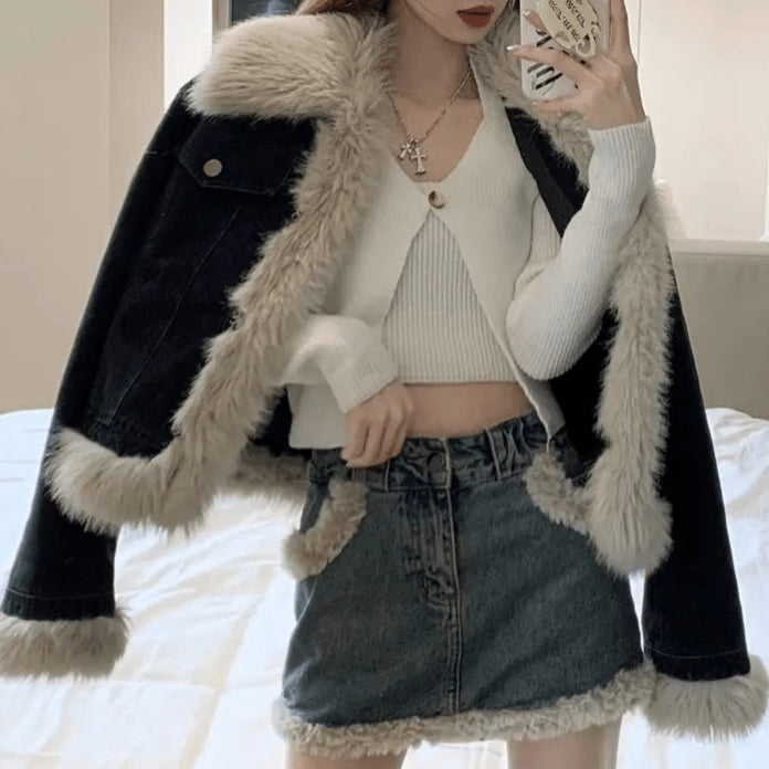 Veste en Jean Noir Col Fourrure Femme