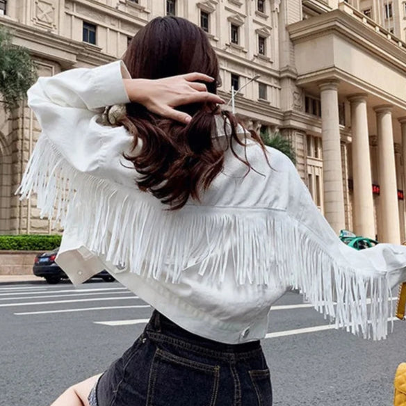 Veste en Jean à Franges Blanche Femme