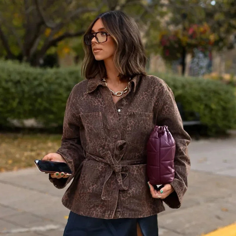 Veste en Jean Léopard à Ceinture Femme