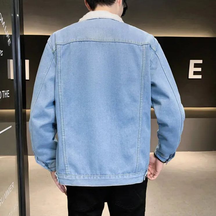 Veste en Jean Bleu Clair Avec Fourrure Blanche Homme