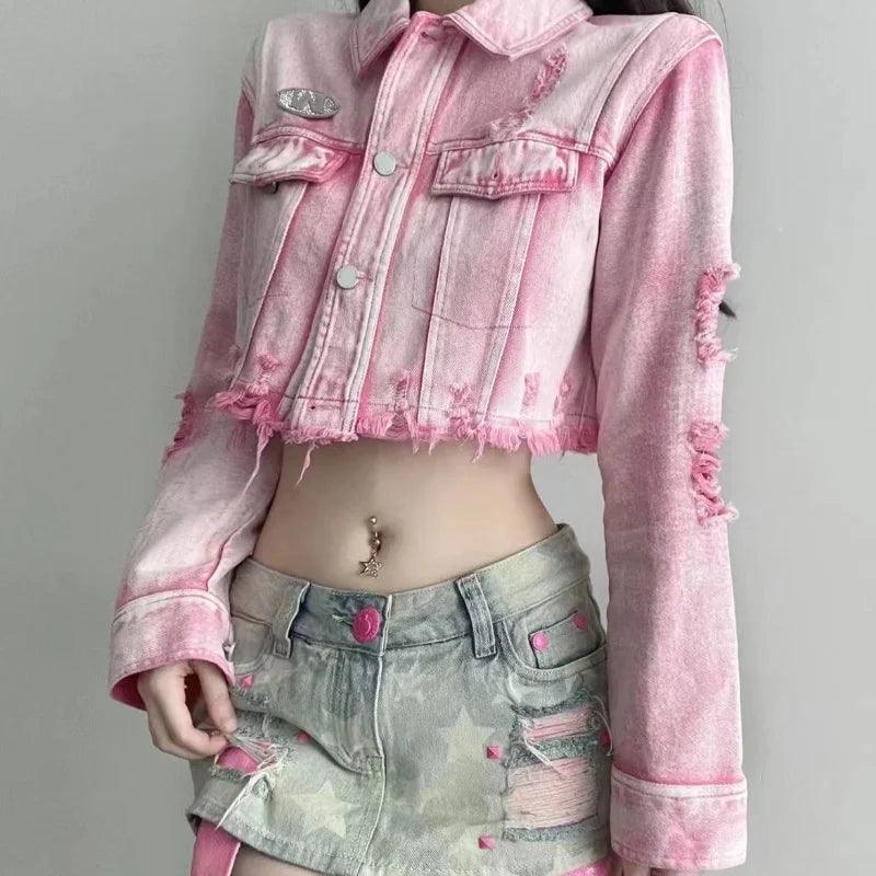Veste en Jean Crop Top Rose Effet Usé Femme