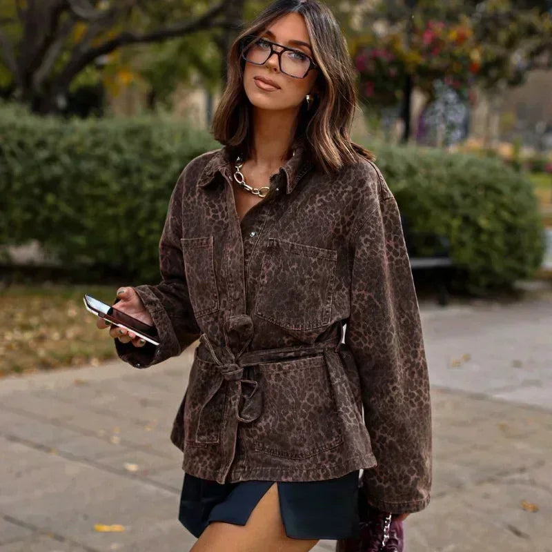 Veste en Jean Léopard à Ceinture Femme