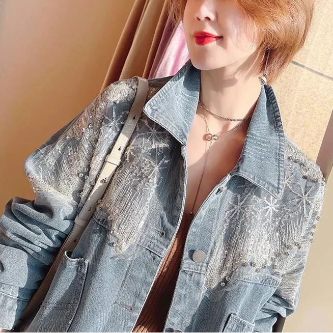 Veste en Jean Strass et Dentelle Femme