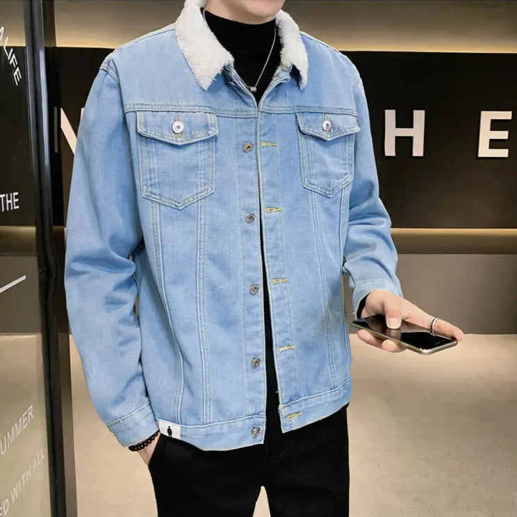 Veste en Jean Bleu Clair Avec Fourrure Blanche Homme
