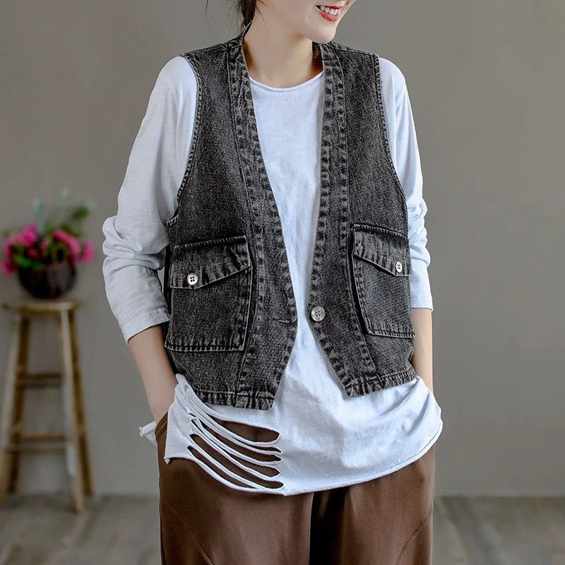 Gilet en Jean Gris Vintage Femme