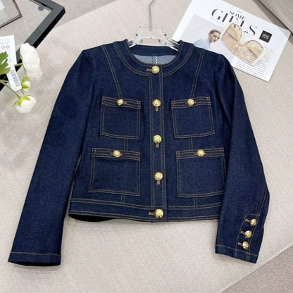 Veste en Jean Bleu Marine Sans Col Femme