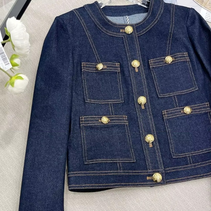 Veste en Jean Bleu Marine Sans Col Femme