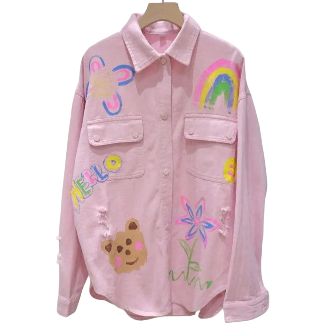 Veste en Jean Ample Rose avec Dessins Femme