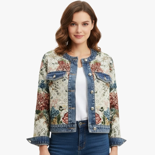 Veste en Jean Fleurie Femme à Col Rond