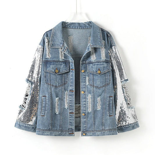 Veste en Jean à Paillettes Femme Destroy