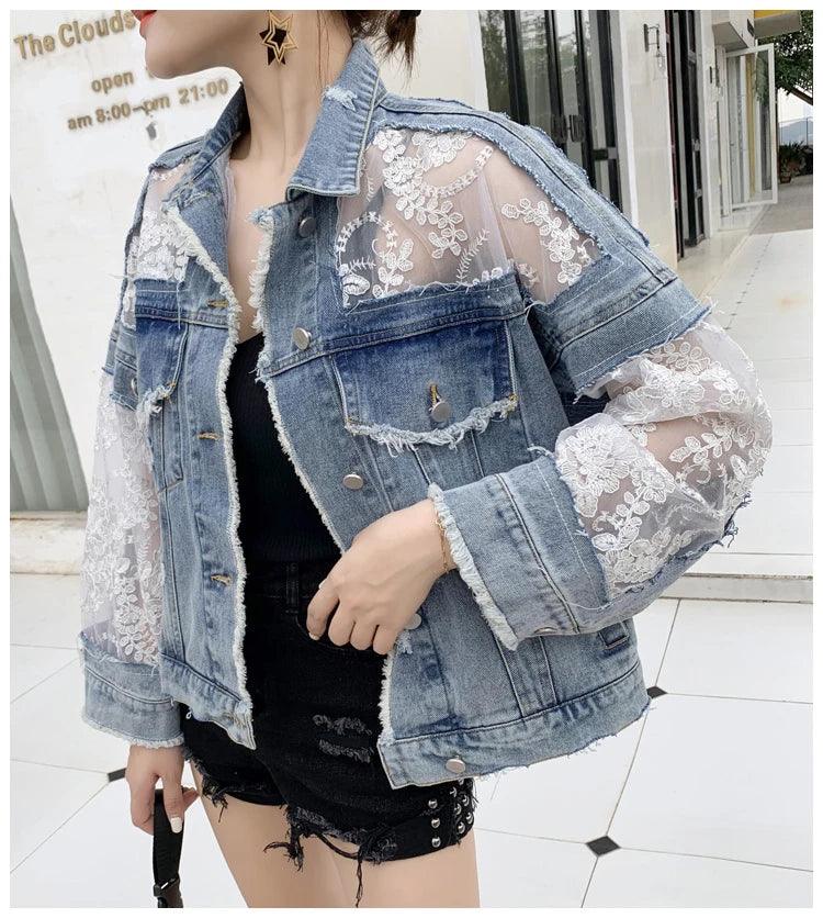 Veste en Jean en Dentelle Transparente Femme