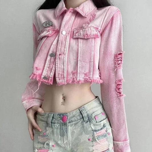 Veste en Jean Crop Top Rose Effet Usé Femme