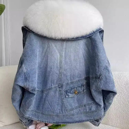 Veste en Jean avec Fourrure Blanche Femme