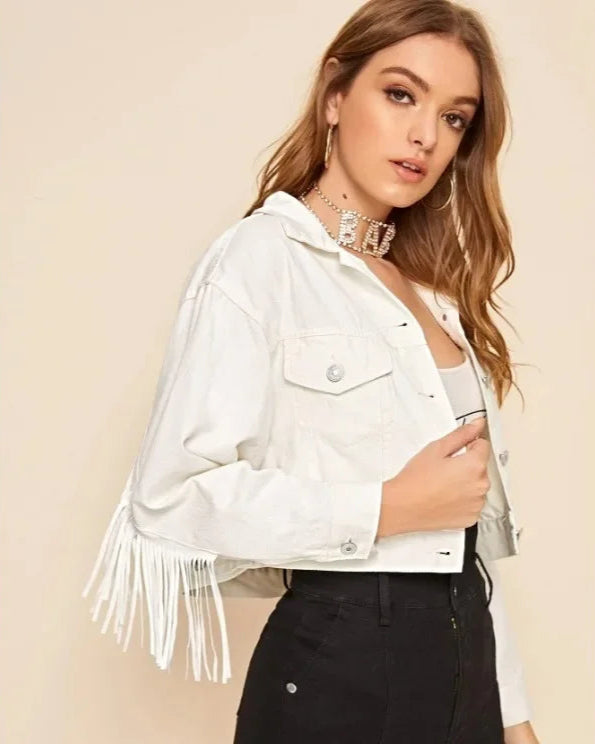 Veste en Jean Blanche Courte à Franges Femme