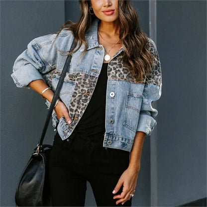 Veste en Jean Leopard Patchwork Femme