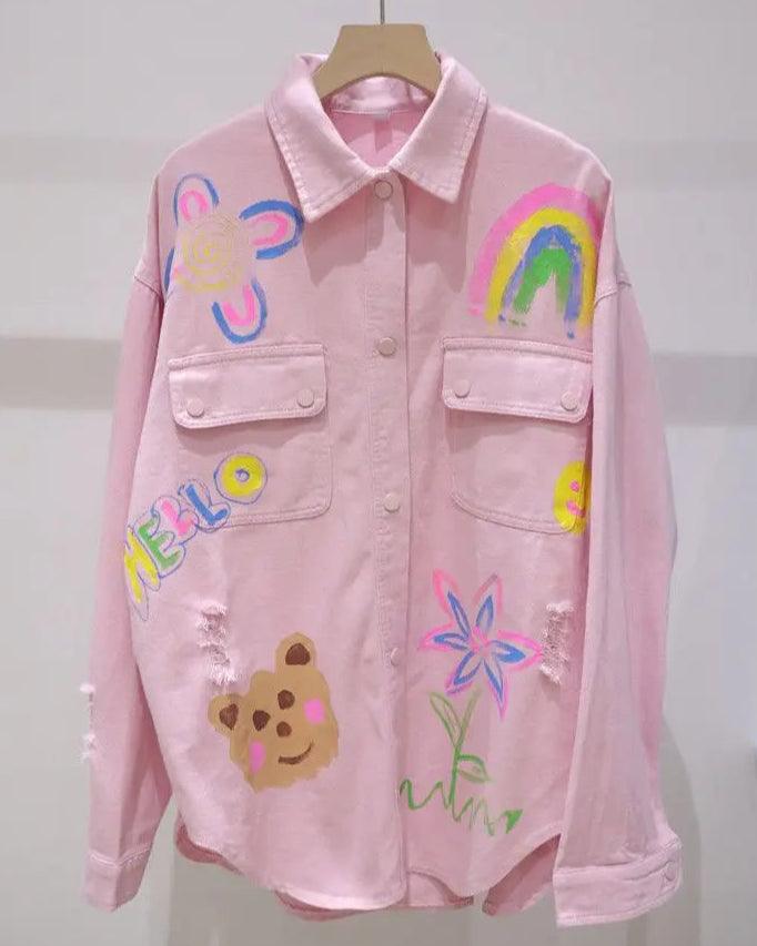 Veste en Jean Ample Rose avec Dessins Femme