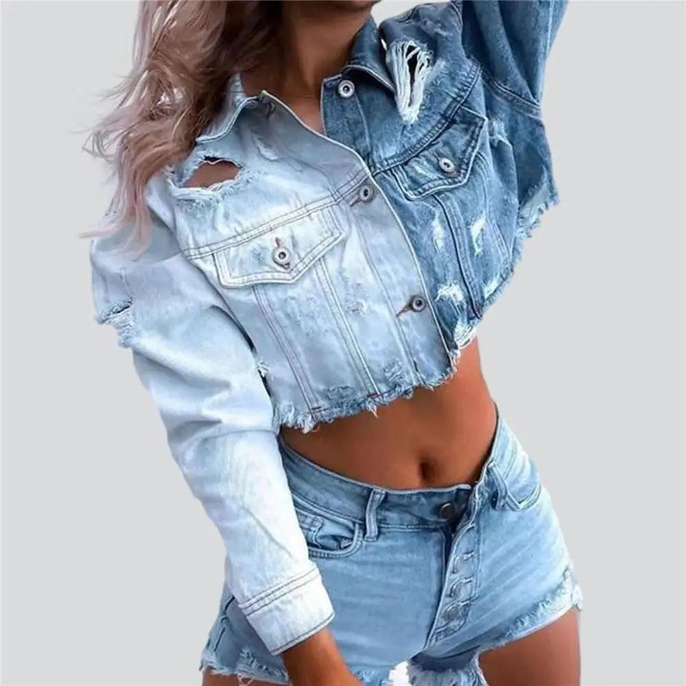 Veste en Jean Bicolore Femme Crop Top Destroy